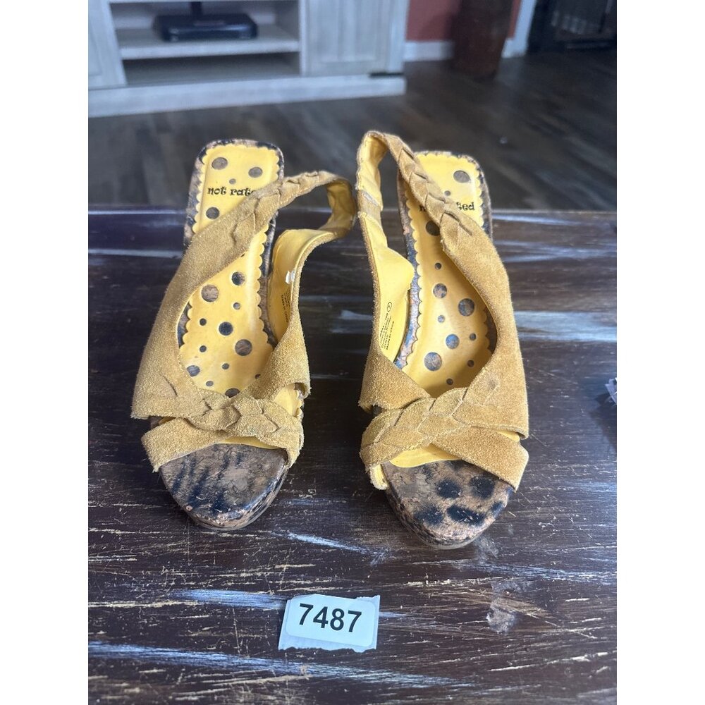 not rated size 7 yellow faux suede  leopard print cork wedge heel preowned see a